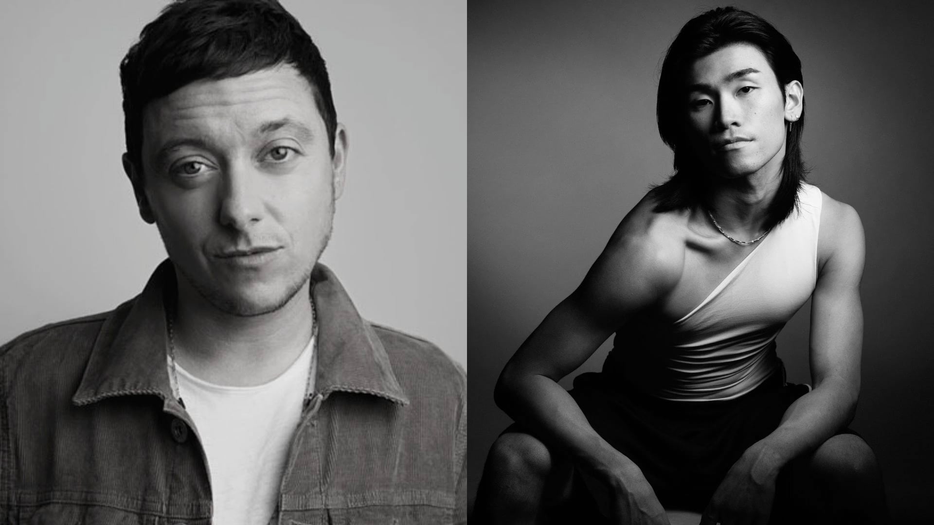 a black and white photo of a man and a woman.