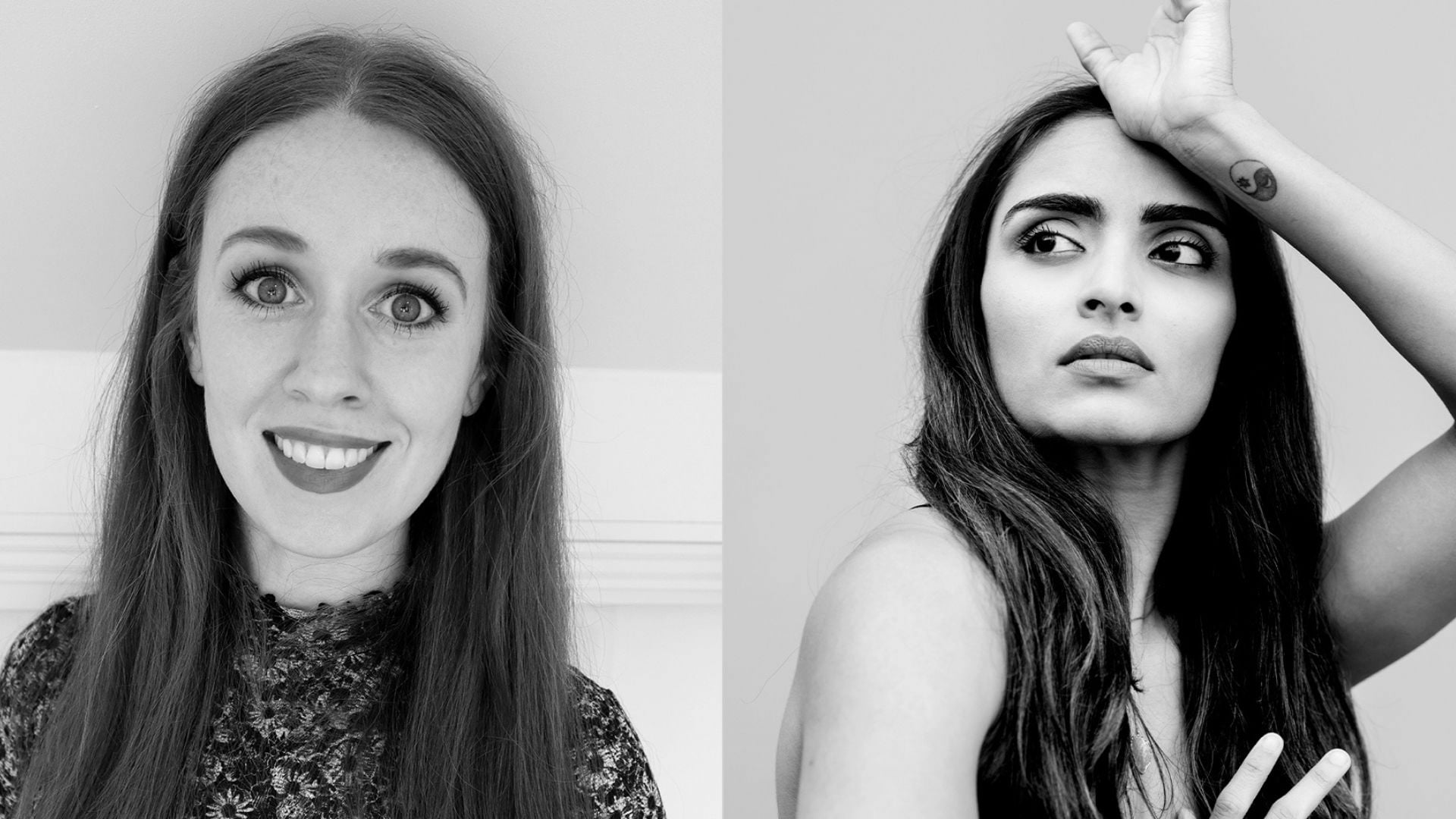 two photos of a woman with long hair.