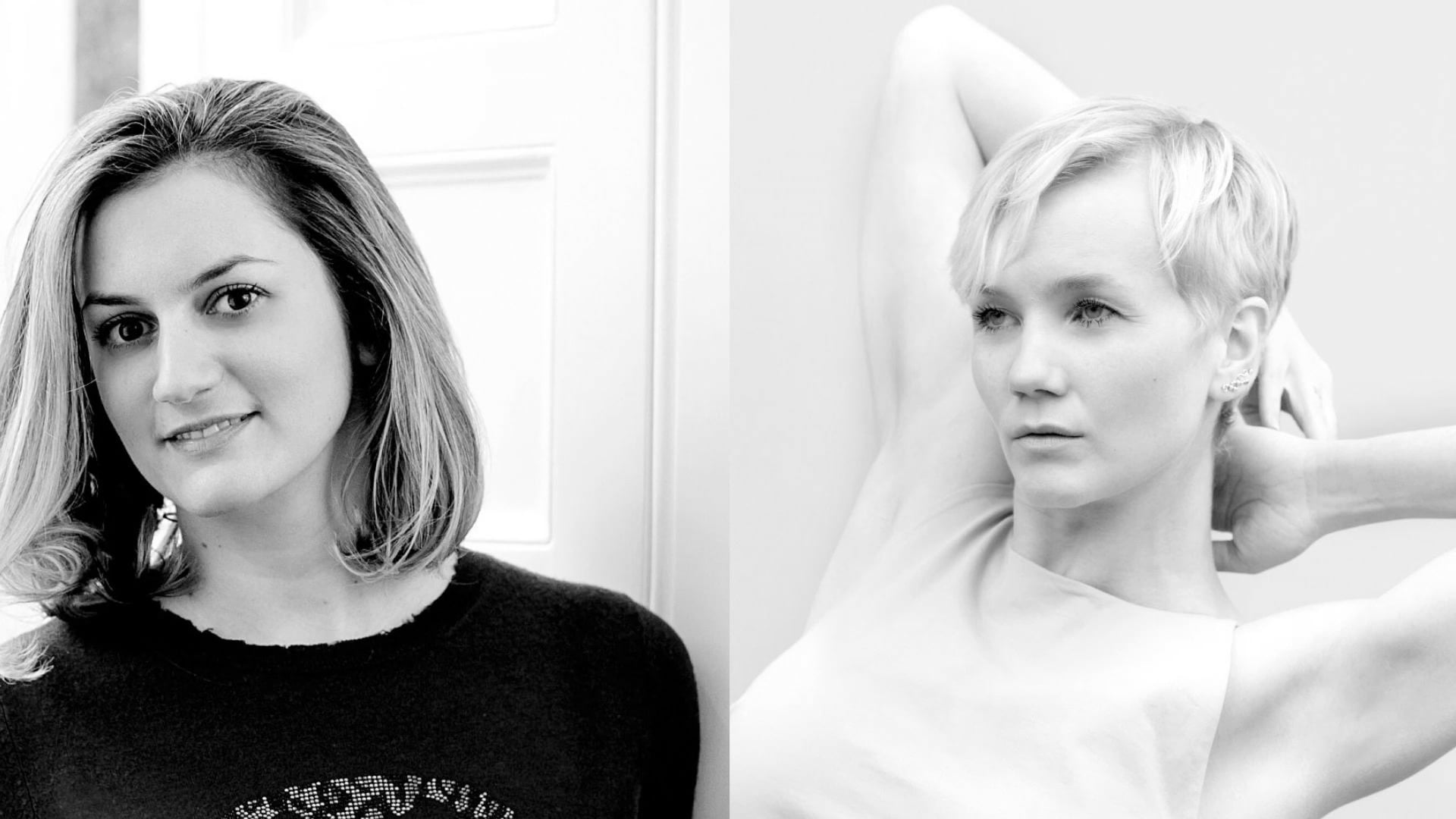 a black and white photo of two women.