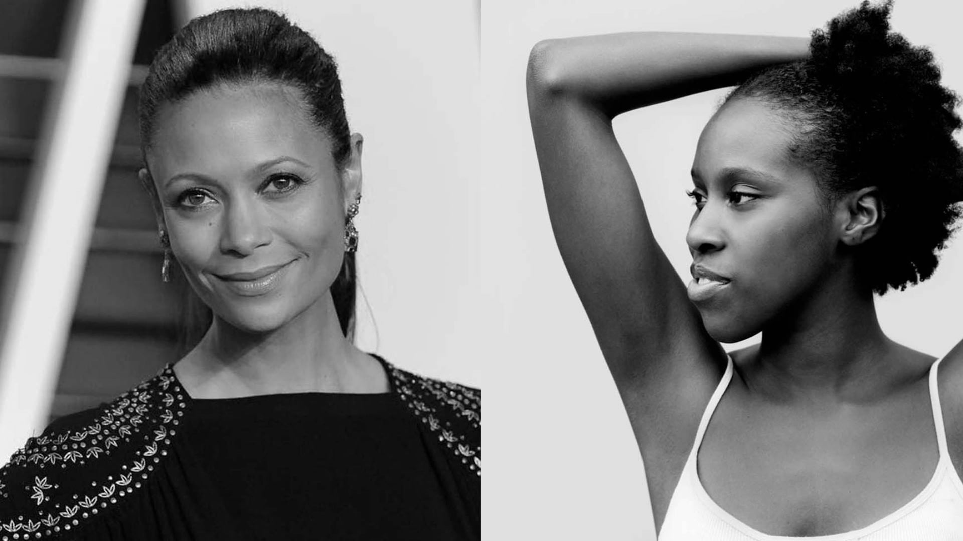a black and white photo of two women.