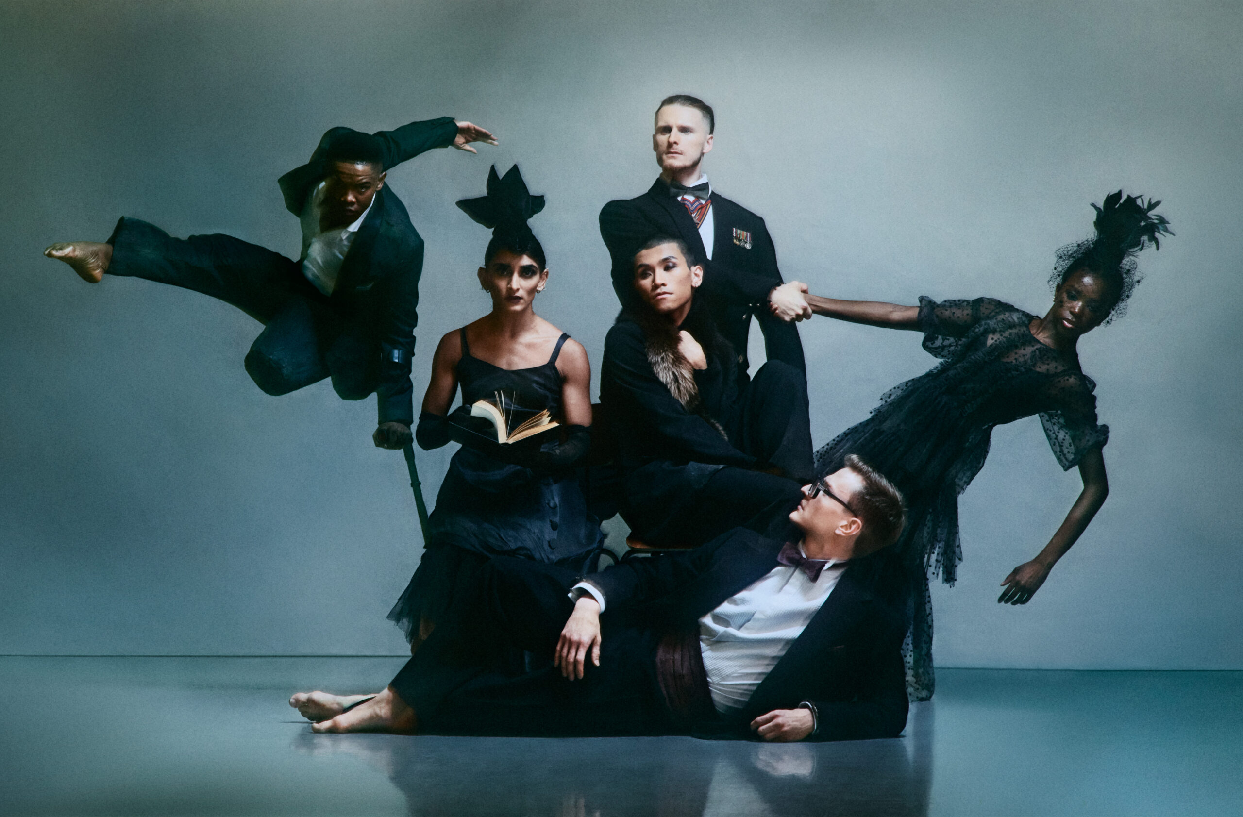 Rambert dancers wearing black and showcasing what the audience can expect from the production of Death Trap