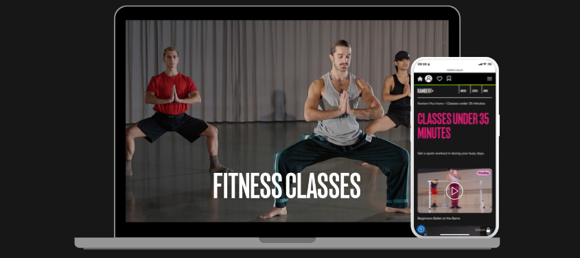 Three dancers in studio with the teacher at the front wearing a grey shirt and blue trousers