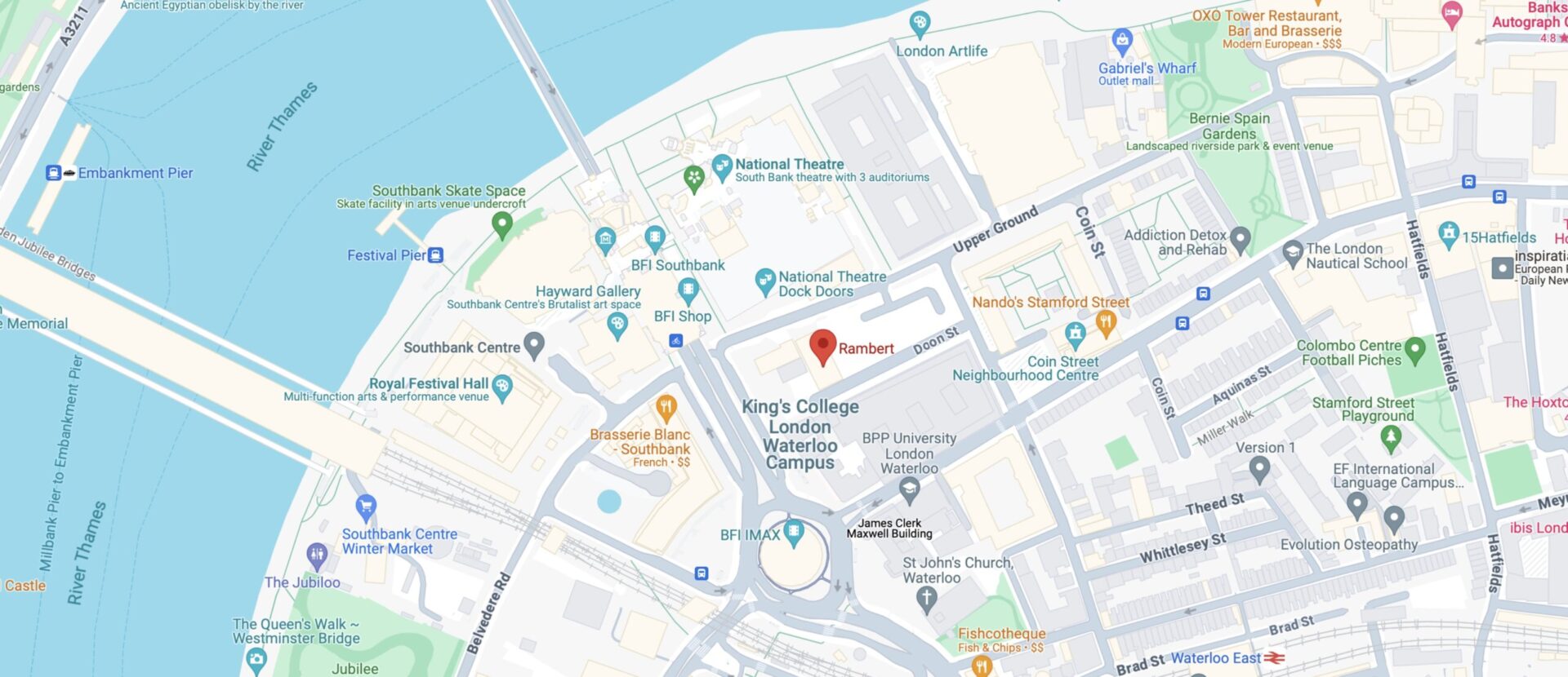 Map of London's South Bank area around King's College Waterloo campus, showing landmarks like National Theatre, Southbank Centre, and London Eye, with streets and notable locations identified.