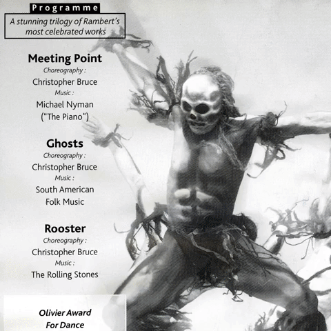 A monochrome image shows a figure in an expressive dance pose with skeletal face makeup and tattered costume, alongside text listing dance performances including "Meeting Point," "Ghosts," and "Rooster.