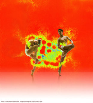 Two dancers in dynamic poses with one leg raised against a vivid red and orange background with abstract, colorful patterns.