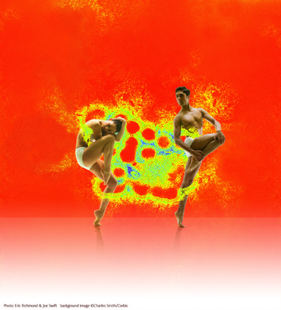 Two dancers in dynamic poses with one leg raised against a vivid red and orange background with abstract, colorful patterns.