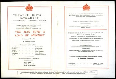 The image shows a vintage theatre program for "The Man with a Load of Mischief" at Theatre Royal, Haymarket, detailing showtimes, cast, and a note about afternoon tea service.