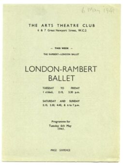 Program for the London-Rambert Ballet at The Arts Theatre Club, showcasing times and dates for shows on Tuesday to Friday and Saturday to Sunday. The date is noted as 6th May 1941.