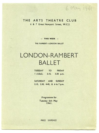 Program for the London-Rambert Ballet at The Arts Theatre Club, showcasing times and dates for shows on Tuesday to Friday and Saturday to Sunday. The date is noted as 6th May 1941.