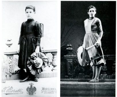 Two black-and-white images of a person standing in similar dresses. The left image shows a young person holding a large decorative fan, while the right image shows the same person older, holding a small item.