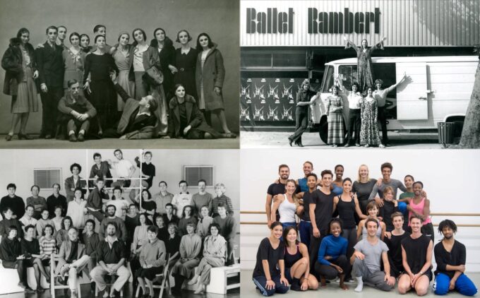Collage of four group photos, featuring a mix of ballet dancers and staff posing together in different settings, including a vintage studio, outside a building, and a modern dance studio.