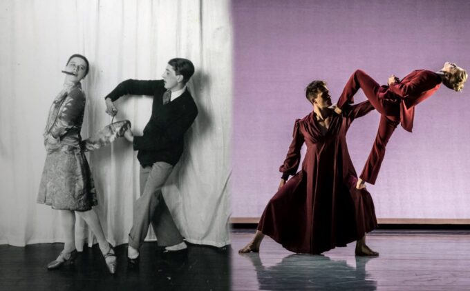 Two pairs of dancers are depicted, one in a black-and-white historical setting on the left, and the other in a modern, colorful setting on the right. Both pairs strike dynamic poses.