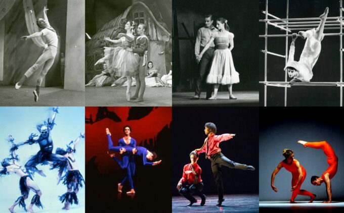 Collage of eight scenes from contemporary and classical dance performances, featuring dancers in various costumes and striking poses either solo or partnered.