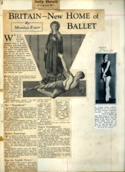 A newspaper clipping titled "Britain - New Home of Ballet" features an article by Monica Ewer with a photograph of a statue and dancer. A handwritten sketch on the right is dated 18th June 1939.