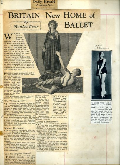 A newspaper clipping titled "Britain - New Home of Ballet" features an article by Monica Ewer with a photograph of a statue and dancer. A handwritten sketch on the right is dated 18th June 1939.