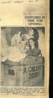 Newspaper clipping titled "Costumes in Time for Opening" from Women's Weekly. It shows two dancers, Barbara Grimes and Annette Chappell, unpacking costumes in a large crate labeled "A Green Depot.