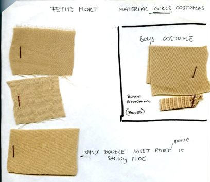 A page with three beige fabric swatches pinned on the left labeled "Girls Costumes," and one beige swatch labeled "Boys Costume" to the right, with handwritten notes about material and stitching.