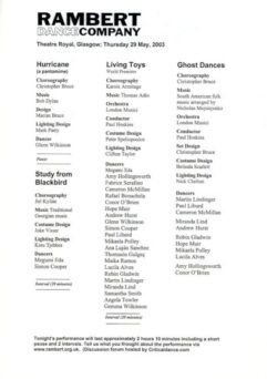 A program lists details for Rambert Dance Company performances on Thursday, 29 May 2003, at Theatre Royal, Glasgow. It includes sections for "Hurricane," "Living Toys," and "Ghost Dances.