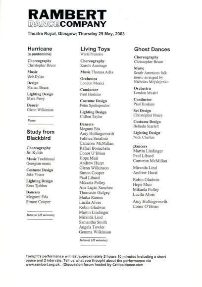 A program lists details for Rambert Dance Company performances on Thursday, 29 May 2003, at Theatre Royal, Glasgow. It includes sections for "Hurricane," "Living Toys," and "Ghost Dances.