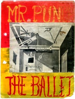 Colorful poster with "MR. PUN" at the top and "THE BALLET" at the bottom, showing an abstract interior scene with flags and graffiti on the wall in the center. The background is red and yellow.