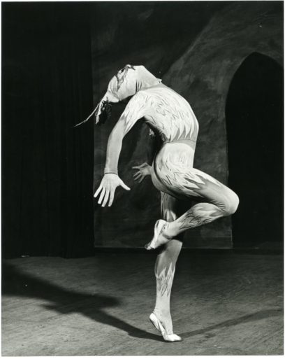A dancer in a bird-like costume performs on stage with one leg lifted and arms gracefully extended.