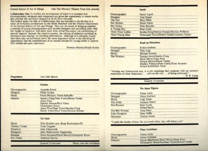 A program booklet listing choreographers, conductors, designers, and performers for multiple ballet performances, including sections for "Children's Omnibus," "Death in Bloomtime," "The Joint Figures," and "Pine Varieties.