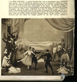 A black-and-white photo depicts a ballet performance on stage with dancers in various poses. The background features lush, illustrative scenery, and text explaining the performance appears above.