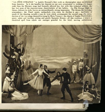 A black-and-white photo depicts a ballet performance on stage with dancers in various poses. The background features lush, illustrative scenery, and text explaining the performance appears above.