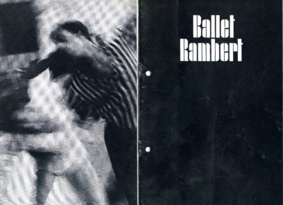Black and white blurred image of dancers in motion next to the text "Ballet Rambert" on a dark background.