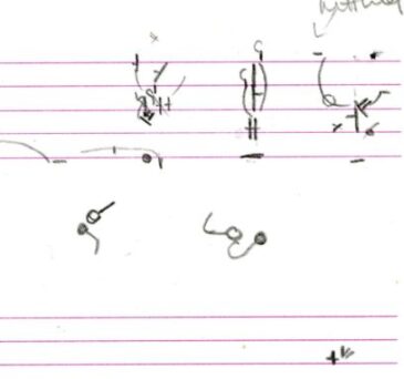 Handwritten sketch with lines, circles, and arrows on lined paper. A few scattered, unidentifiable symbols and markings are also present.