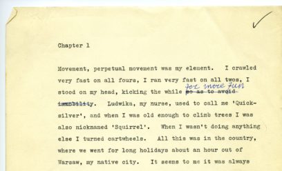 A typewritten page titled "Chapter 1" describing someone's energetic childhood, with handwritten edits adding a phrase and striking out the word "immediability.