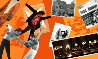 Collage featuring dancers in various poses, historical photographs, a stamp, and a theater scene, set against an orange backdrop.